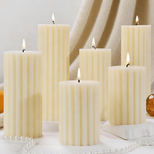 6-Pack Ribbed Ivory Pillar Set – Cashmere Amber Scented Soy Wax