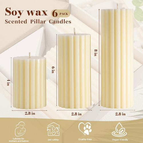 6-Pack Ribbed Ivory Pillar Set – Cashmere Amber Scented Soy Wax