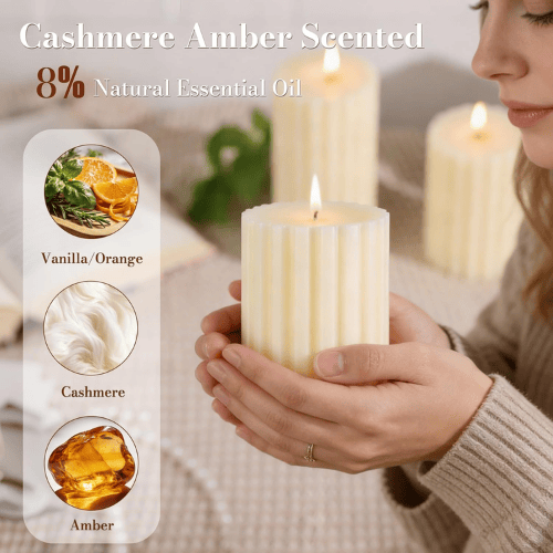 6-Pack Ribbed Ivory Pillar Set – Cashmere Amber Scented Soy Wax