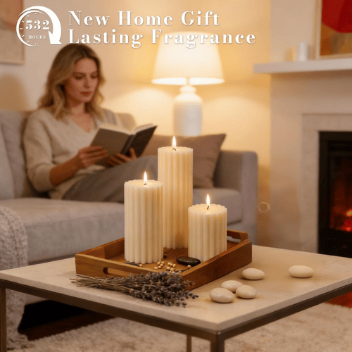 6-Pack Ribbed Ivory Pillar Set – Cashmere Amber Scented Soy Wax