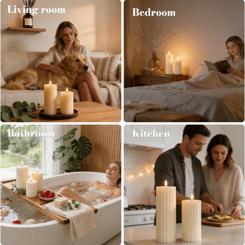 6-Pack Ribbed Ivory Pillar Set – Cashmere Amber Scented Soy Wax
