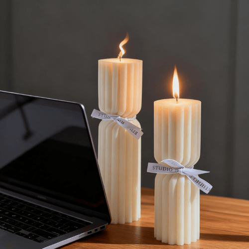 2-Pack "Hourglass" Ribbed Pillar Set – Sculptural Orchid Scented Soy Wax