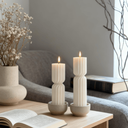 2-Pack "Hourglass" Ribbed Pillar Set – Sculptural Orchid Scented Soy Wax