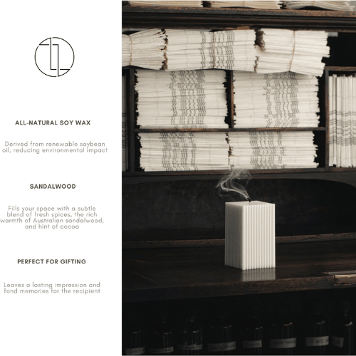 Handmade Square Ribbed Pillar – Sandalwood Scented Soy Wax