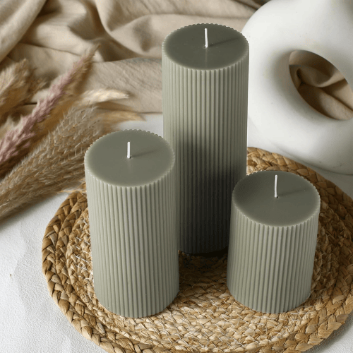 Aesthetic Ribbed Pillar Candles - Orchid Scented Modern Soy Wax Candle Trio