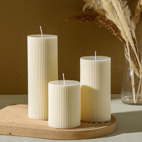 Aesthetic Ribbed Pillar Candles - Orchid Scented Modern Soy Wax Candle Trio