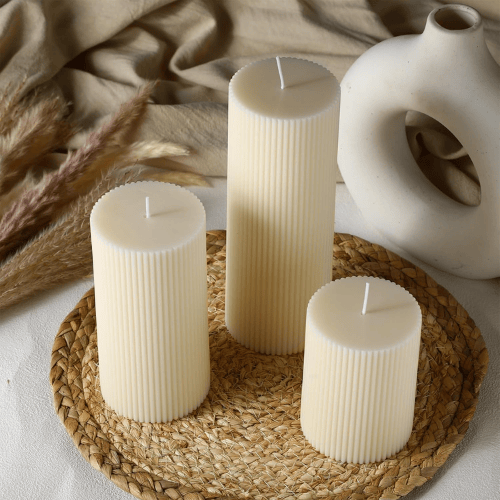 Aesthetic Ribbed Pillar Candles - Orchid Scented Modern Soy Wax Candle Trio