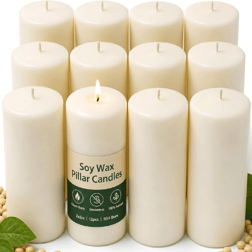 White Unscented Soy Wax Pillar Candles 12-Pack